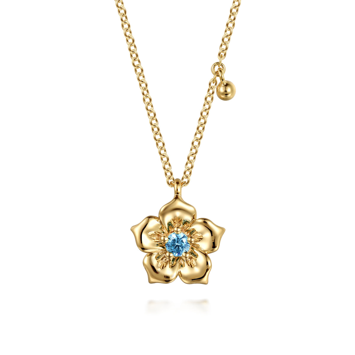 14K Yellow Gold Blue Topaz Floral Drop Necklace - View 1