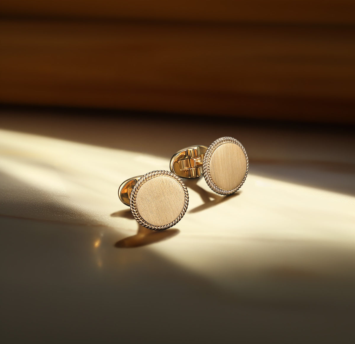 14K Yellow Gold Round Cufflinks with Twisted Rope Trim - View 3