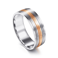 14K White-Rose Gold 7mm Three Row Satin Finish Men's Wedding Band in Two Tone thumbnail 3