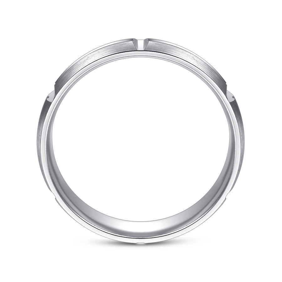 14K White Gold 6mm Carved Station Men's Wedding Band in Satin Finish