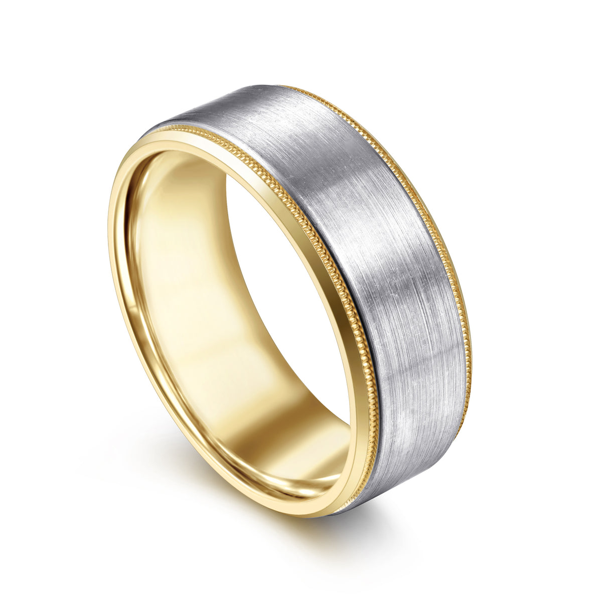 14K White-Yellow Gold 8mm Two Tone Beveled Edge Men's Wedding Band in Satin Finish - View 3