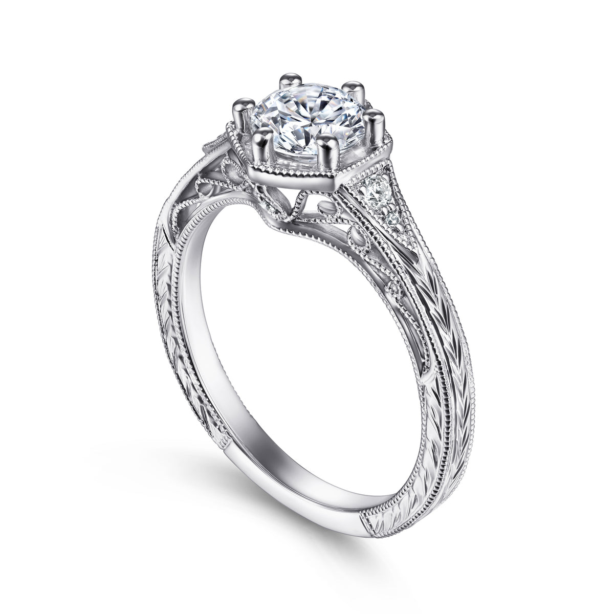 Vintage Inspired 14K Gold 6 Prong Round Diamond Engagement Ring - View 3