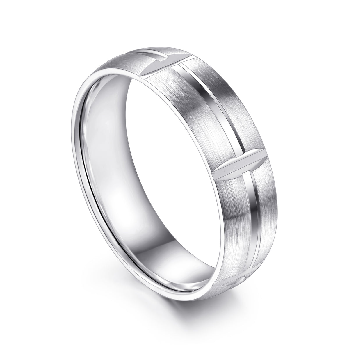 14K White Gold 6mm Carved Station Men's Wedding Band in Satin Finish - View 3
