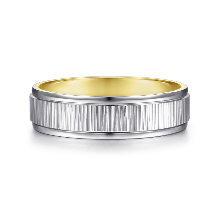 14K White-Yellow Gold 6mm Men's Wedding Band with Vertical Etching