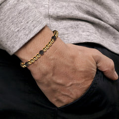 14K Yellow Gold Black Diamond and 6mm Yellow Gold Beaded Mens Bracelet thumbnail 3