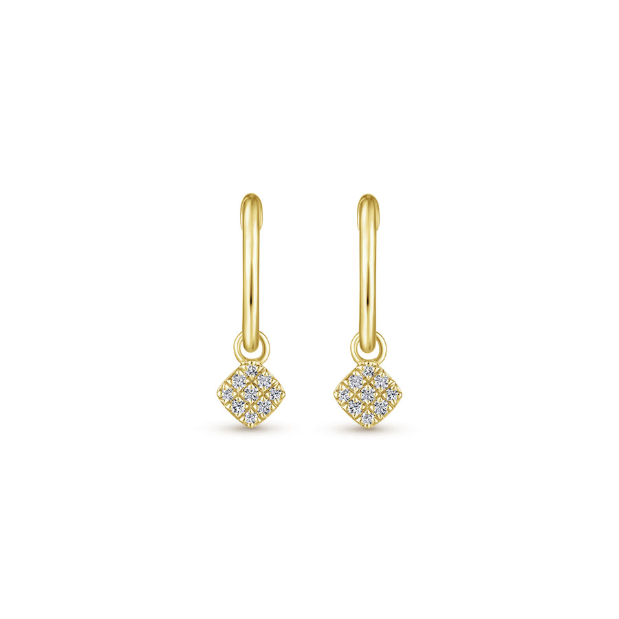 14K Yellow Gold Cushion Cut Pavé 10mm Diamond Drop Earrings