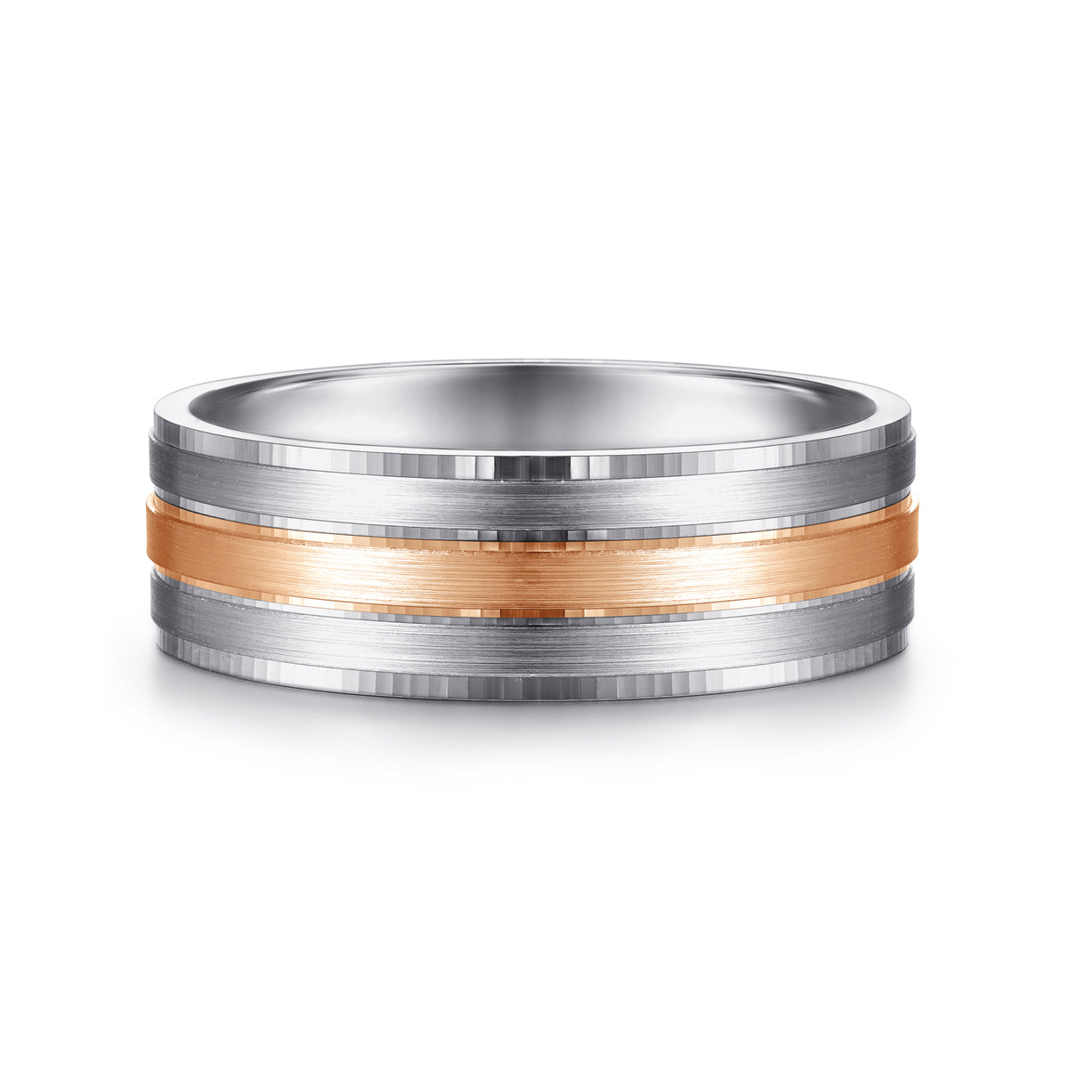 14K White-Rose Gold 7mm Three Row Satin Finish Men's Wedding Band in Two Tone - View 1