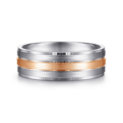 14K White-Rose Gold 7mm Three Row Satin Finish Men's Wedding Band in Two Tone thumbnail 1