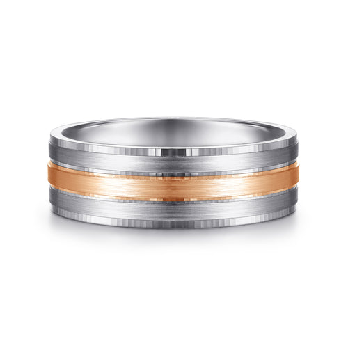 Alliance pour homme en or blanc et or rose 14 carats, 7 mm, à trois rangées, finition satinée bicolore