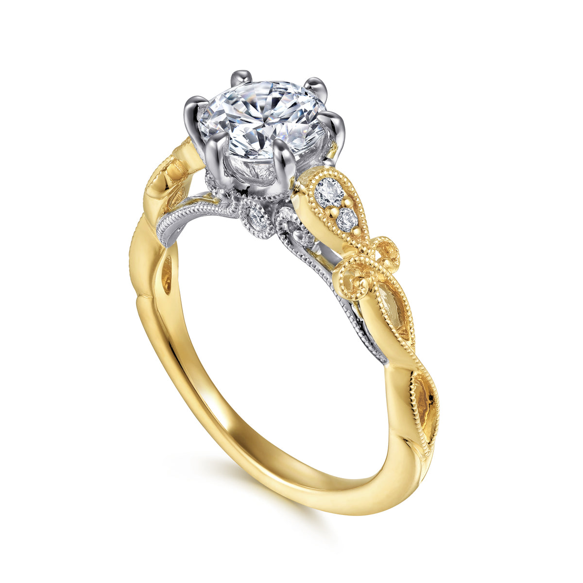 14K White-Yellow Gold Floral Round Diamond Engagement Ring - View 3
