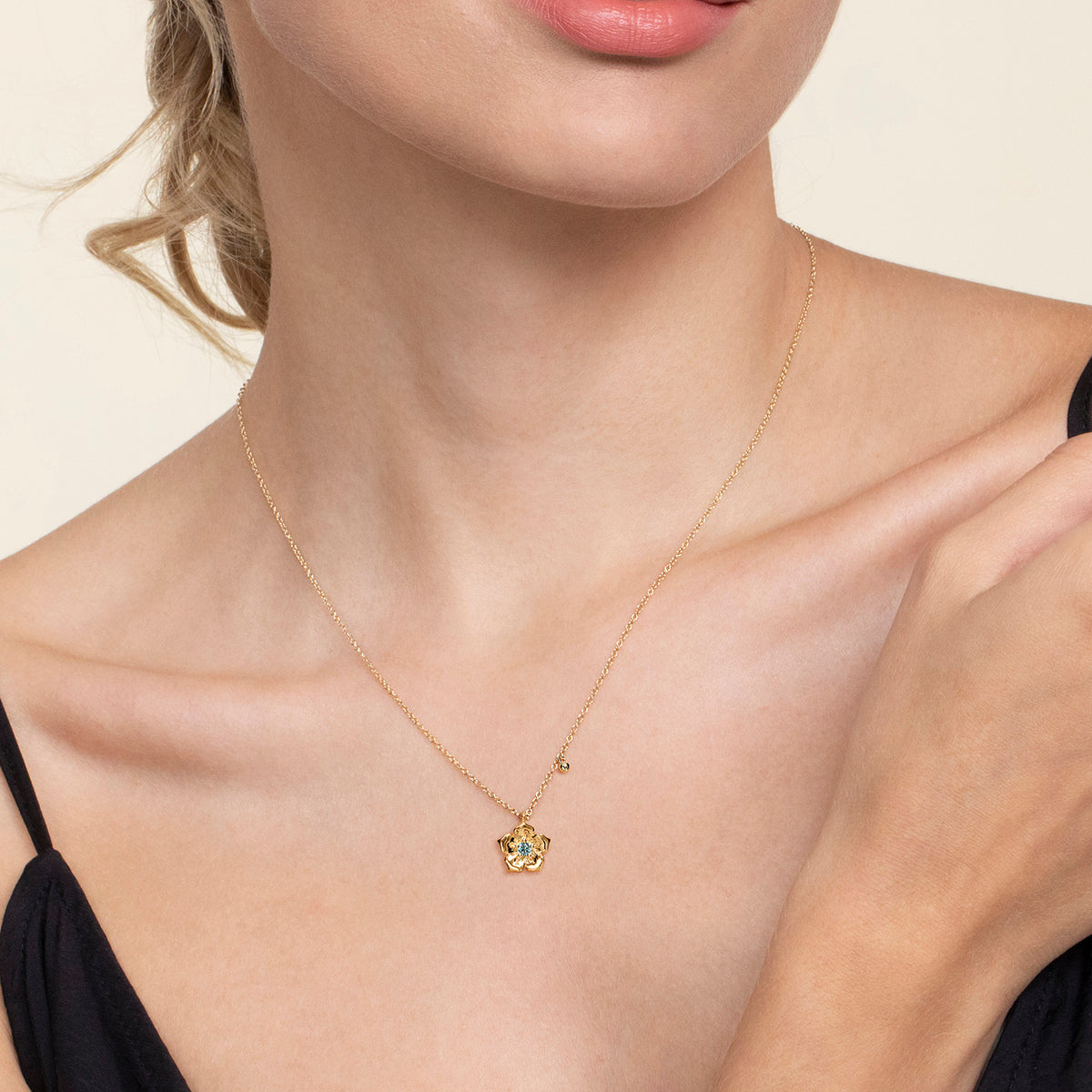 14K Yellow Gold Blue Topaz Floral Drop Necklace - View 3