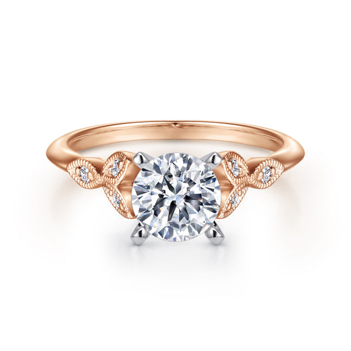 Bague de fiançailles vintage en or blanc-rose 14 carats, anneau fendu et diamant rond