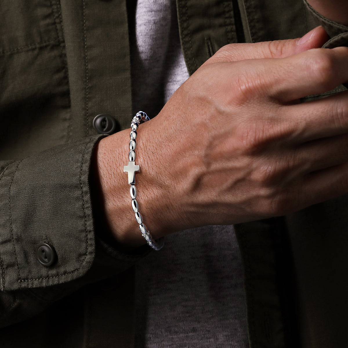 925 Sterling Silver Beaded Cross Bracelet - View 3