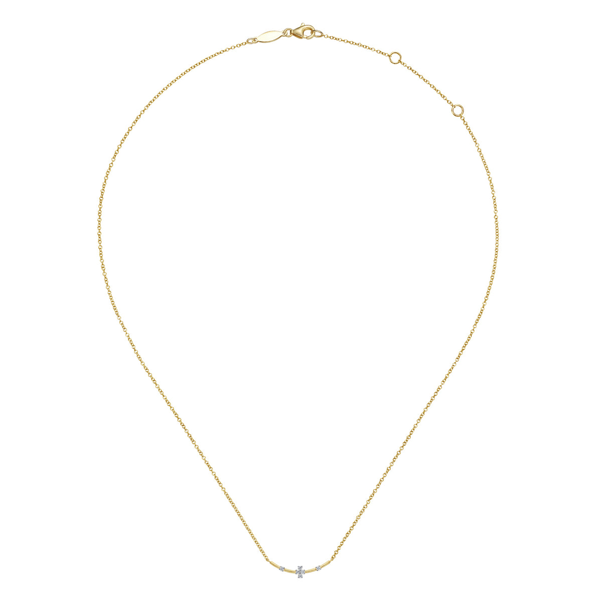 14K Yellow Gold Curved Bar Necklace with Diamond Stations - View 2