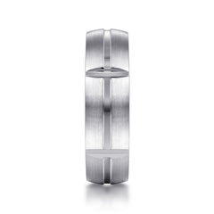 14K White Gold 6mm Carved Station Men's Wedding Band in Satin Finish thumbnail 4