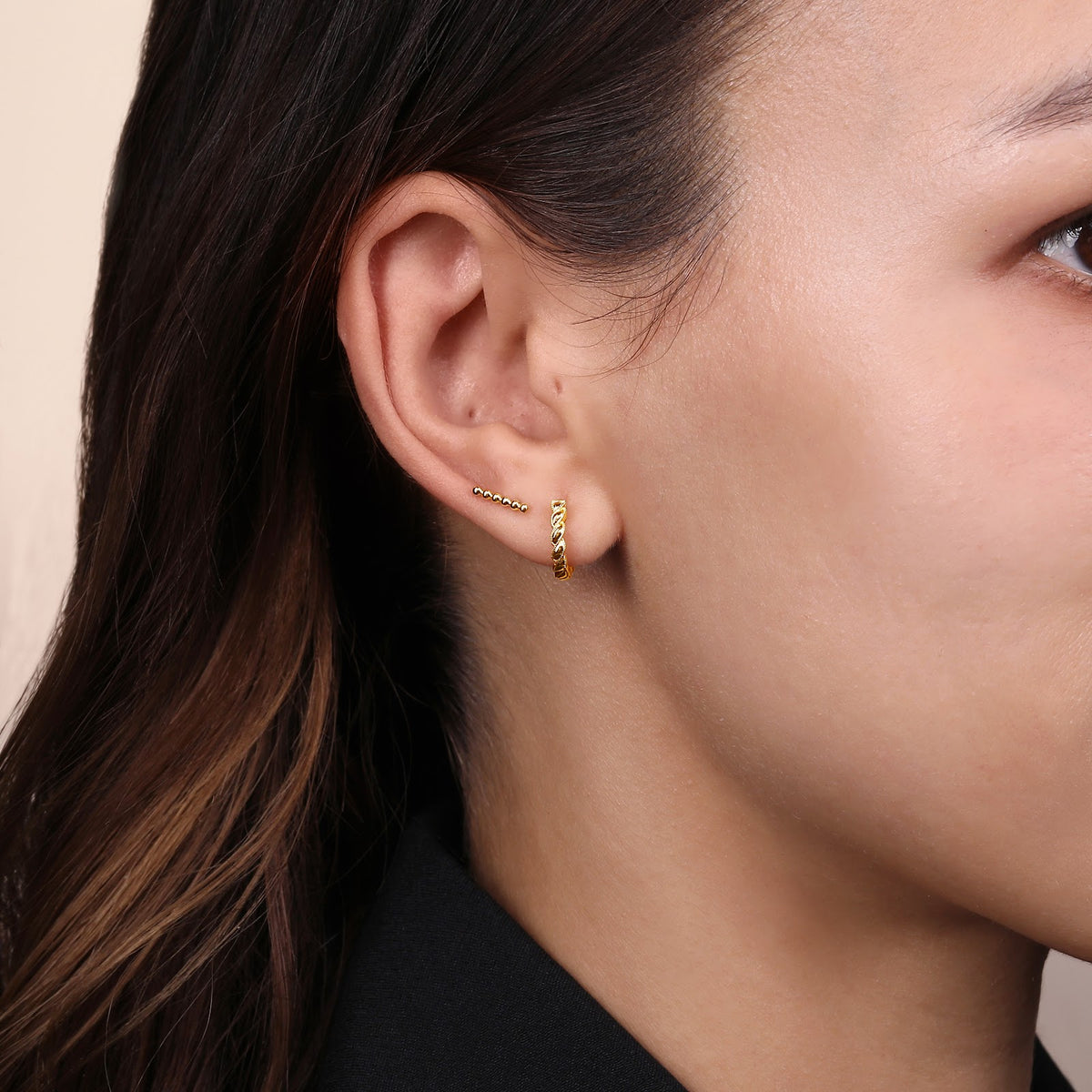 14K Yellow Gold Twisted Rope Huggies - View 3