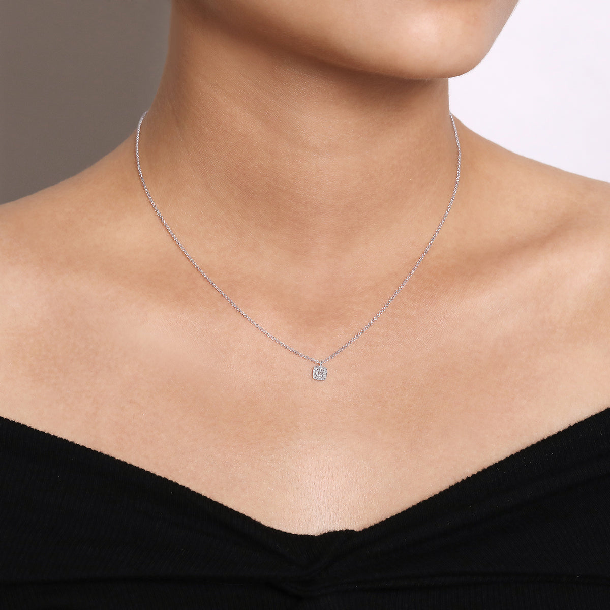 14K White Gold Cushion Halo Round Diamond Pendant Necklace - View 3