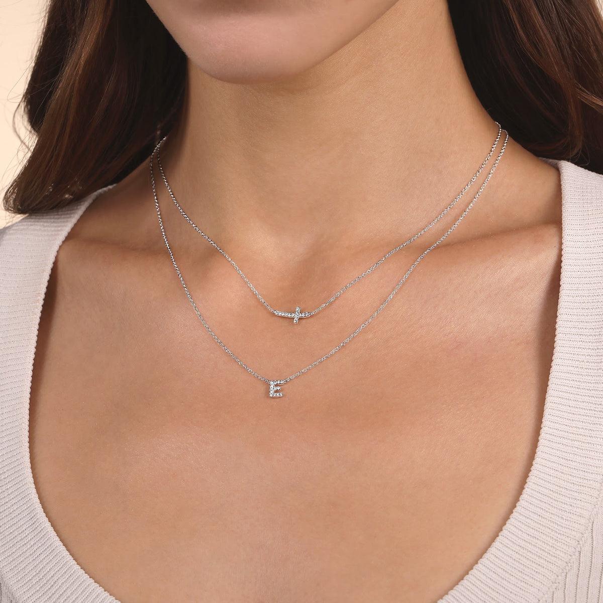 14K White Gold Sideways Curved Diamond Cross Necklace - View 4