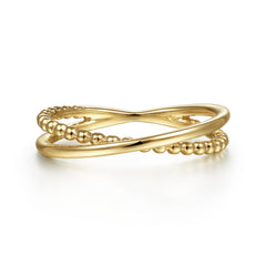 14K Yellow Gold Beaded Criss Cross Ring thumbnail 1