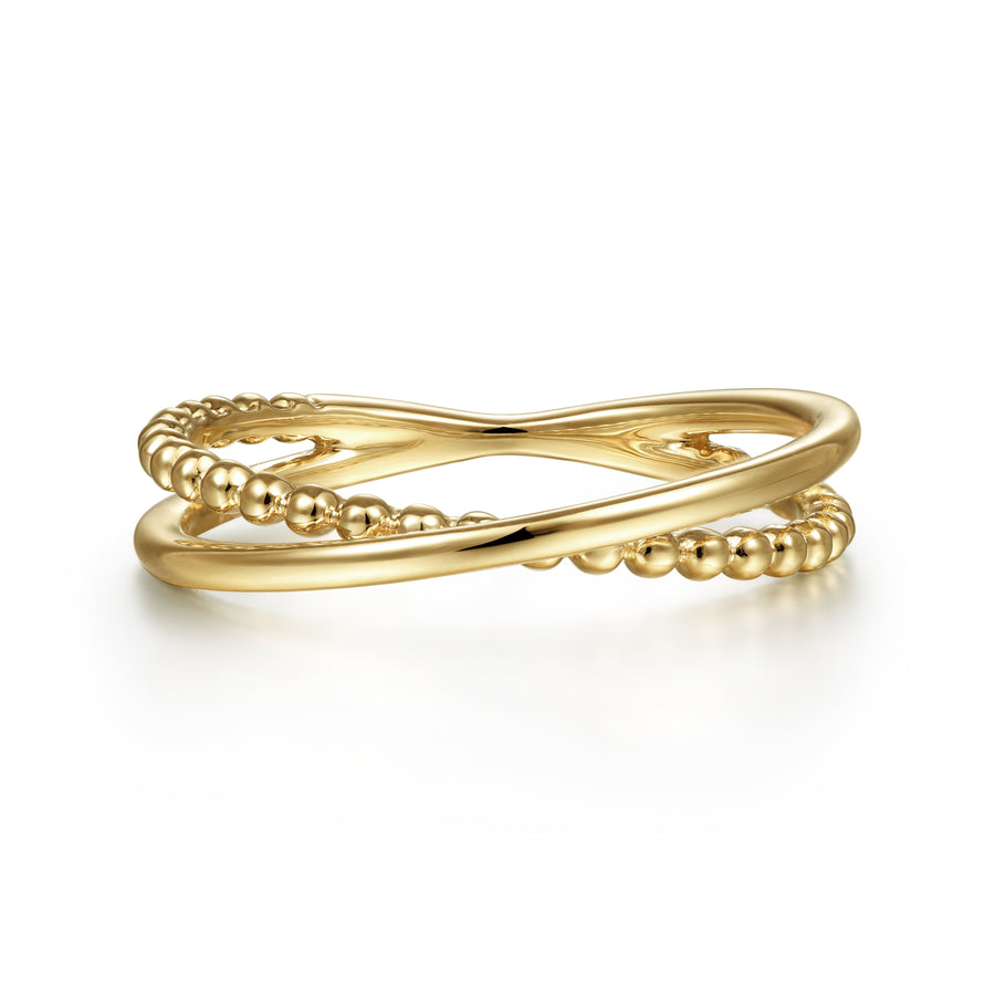 14K Yellow Gold Beaded Criss Cross Ring