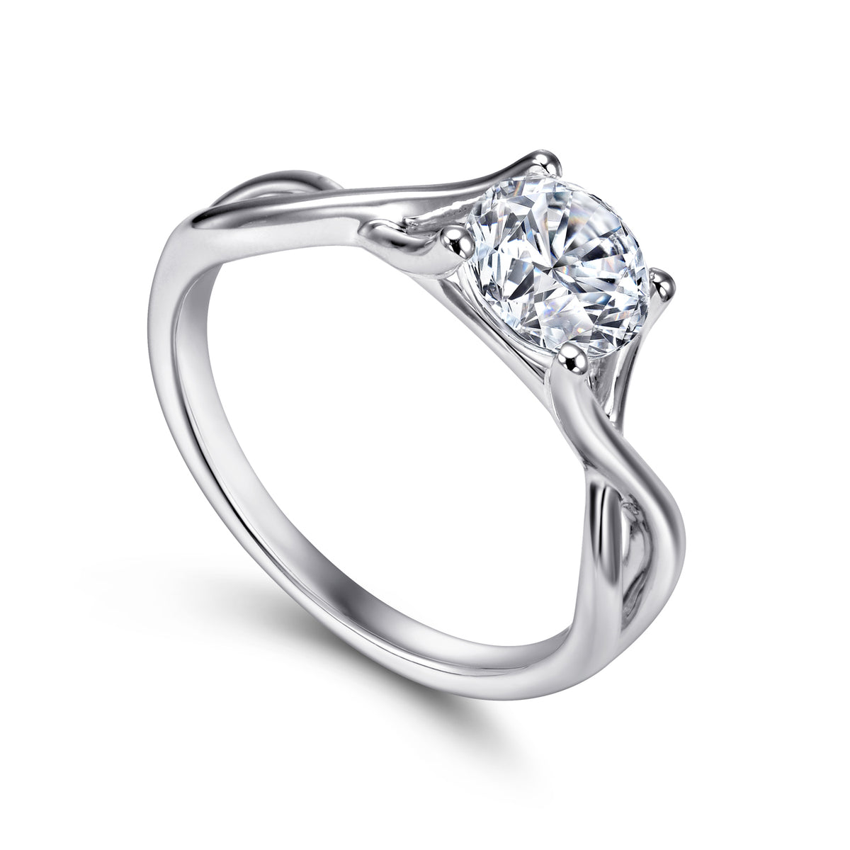 14K White Gold Round Twisted Diamond Engagement Ring - View 3