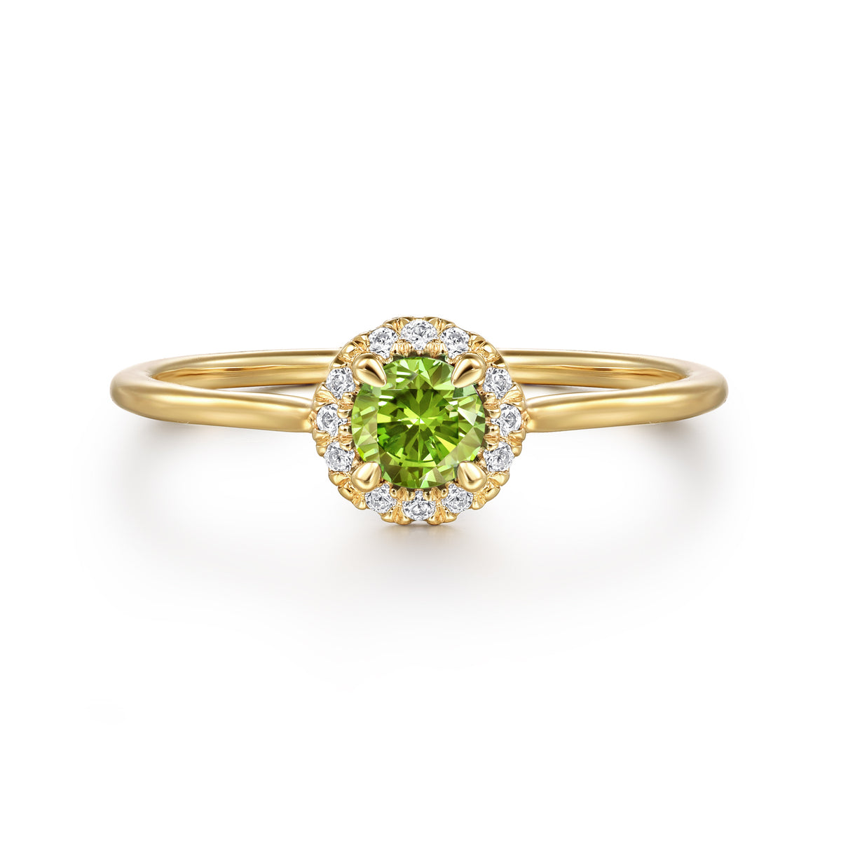 14K Yellow Gold Peridot and Diamond Halo Promise Ring - View 1