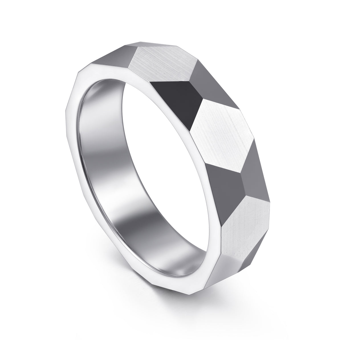 14K White Gold 6mm Carved Men's Wedding Band in Satin Finish - View 3