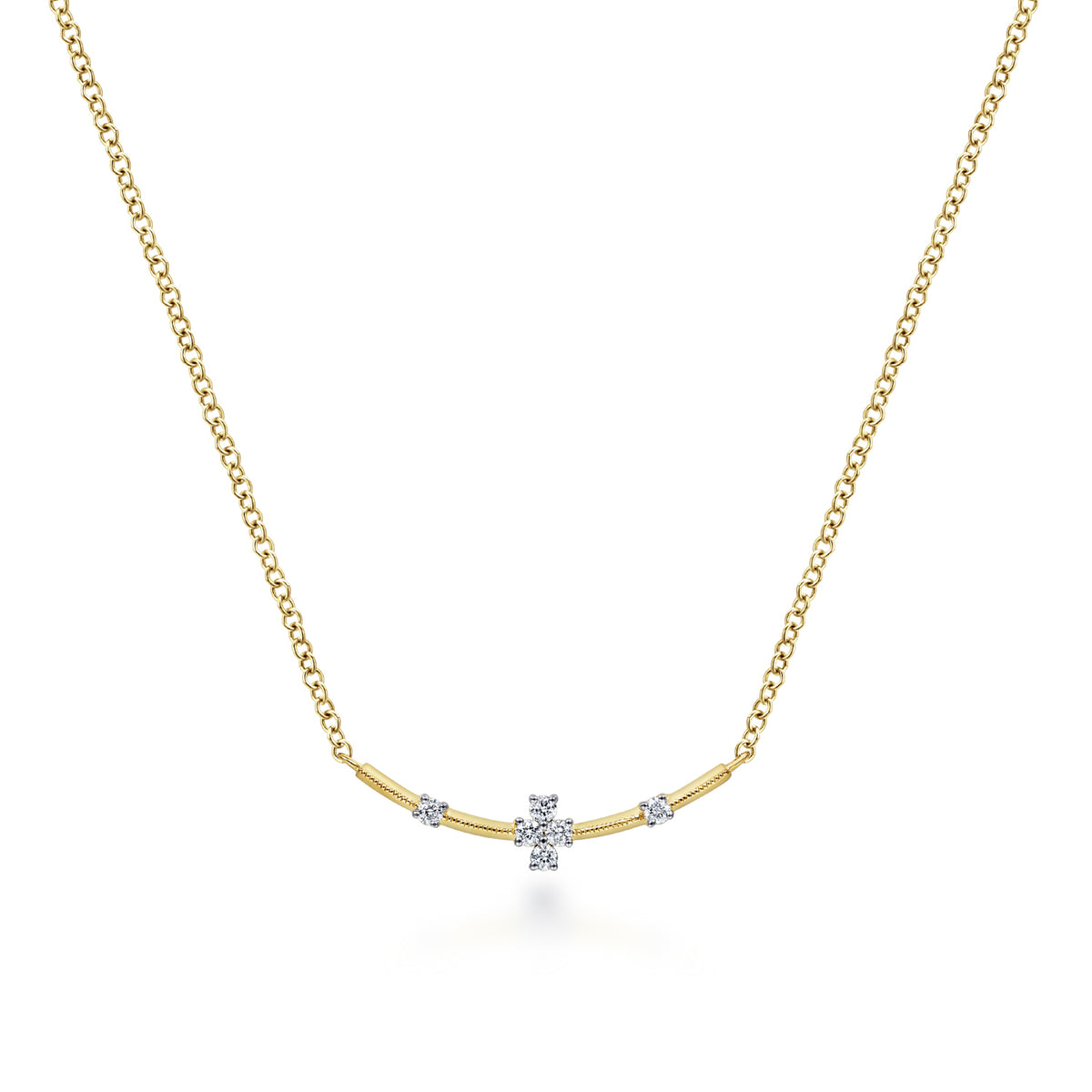 14K Yellow Gold Curved Bar Necklace with Diamond Stations - View 1