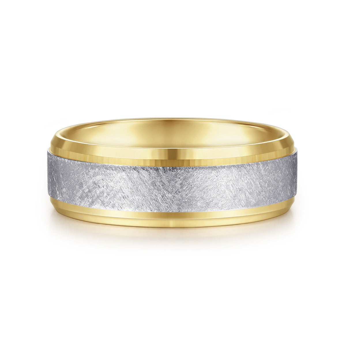 14K White-Yellow Gold 7mm Beveled Edge Men's Wedding Band in Diamond Scratch Finish - View 1
