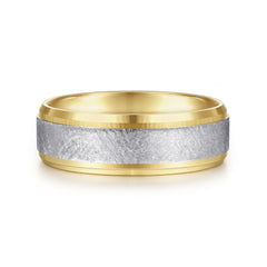 14K White-Yellow Gold 7mm Beveled Edge Men's Wedding Band in Diamond Scratch Finish thumbnail 1