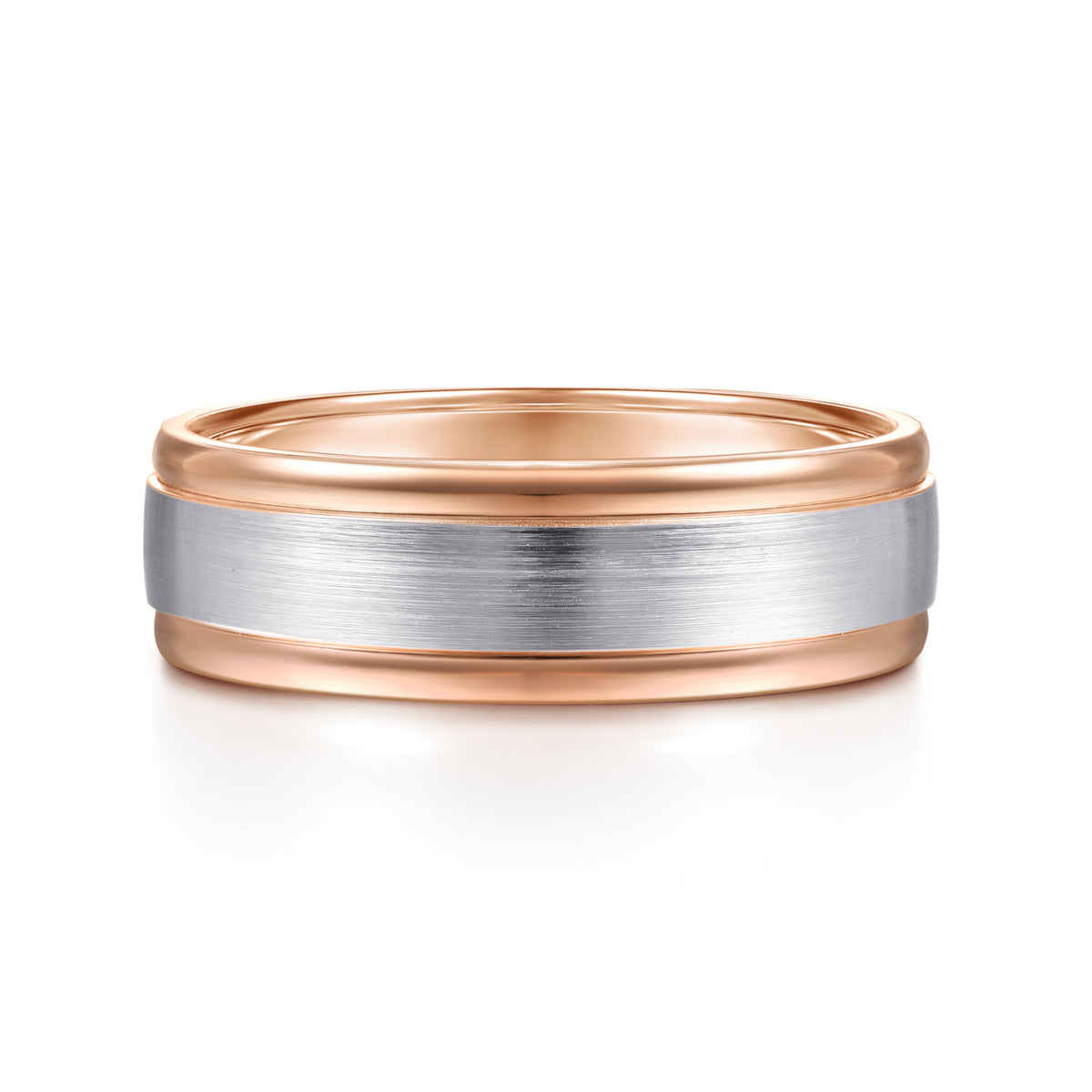 14K White-Rose Gold 7mm Two Tone Men's Wedding Band in Satin Finish - View 1
