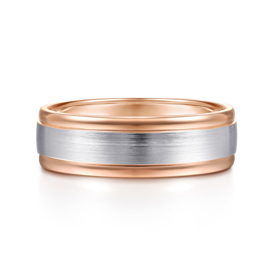 14K White-Rose Gold 7mm Two Tone Men's Wedding Band in Satin Finish