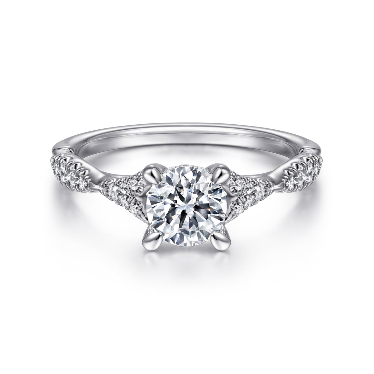 14K White Gold Split Shank Round Diamond Engagement Ring - View 1