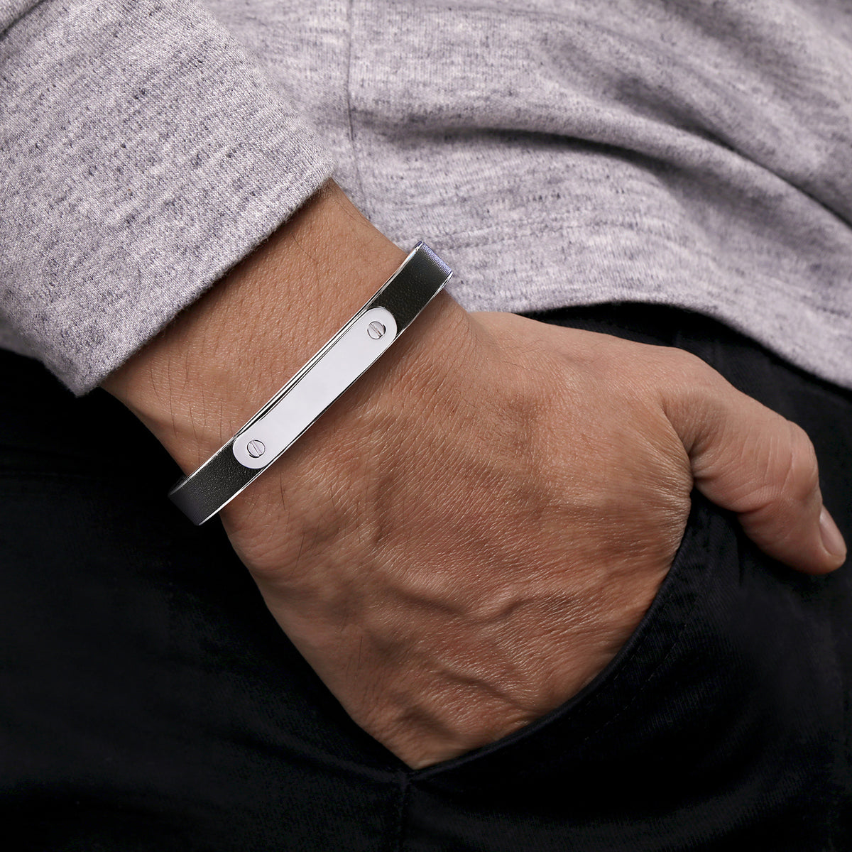 925 Sterling Silver and Leather ID Cuff Bracelet - View 1