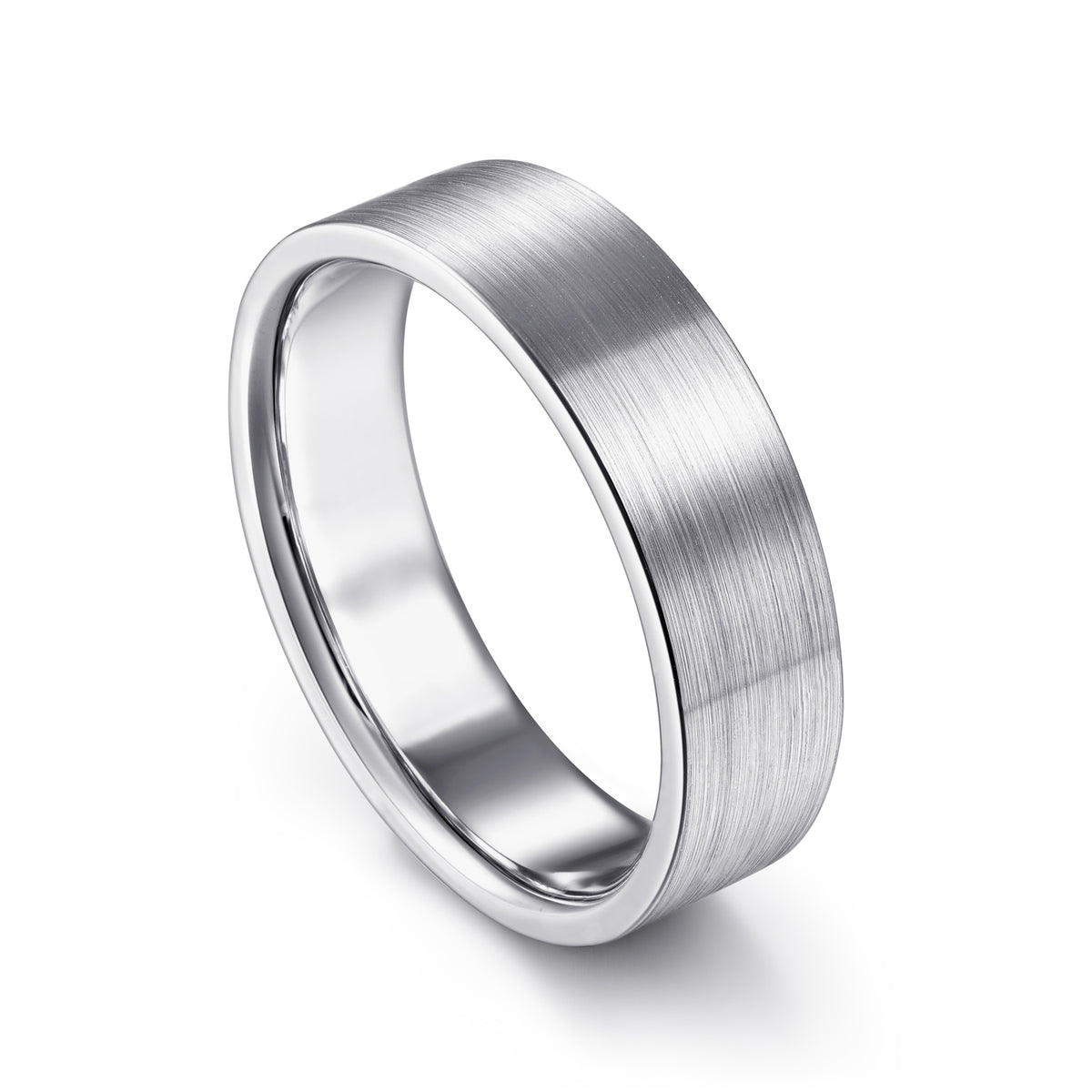 14K White Gold 6mm Flat Men's Wedding Band in Satin Finish - View 3