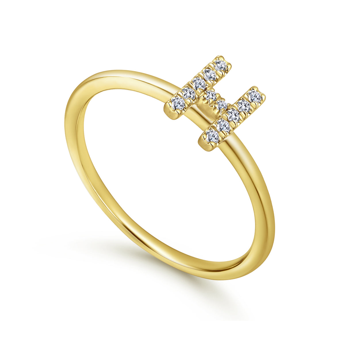 14K Yellow Gold Pavé Diamond Uppercase H Initial Ring - View 3