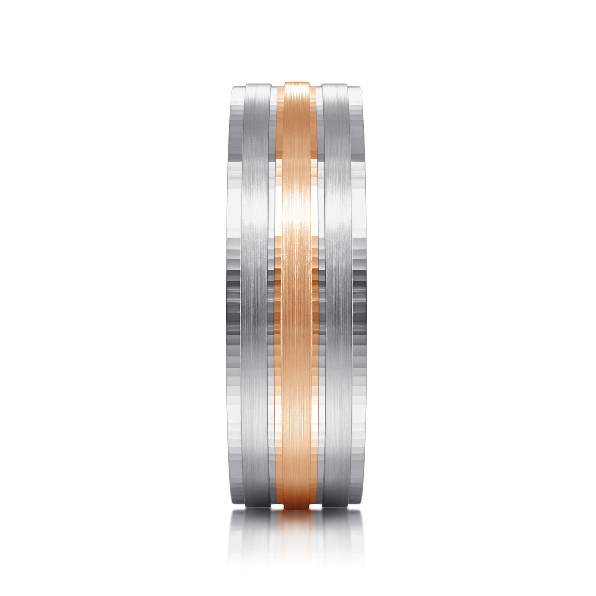 14K White-Rose Gold 7mm Three Row Satin Finish Men's Wedding Band in Two Tone - View 4