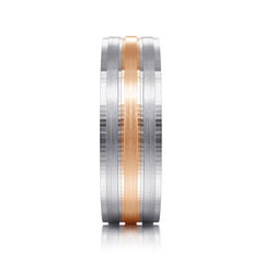 14K White-Rose Gold 7mm Three Row Satin Finish Men's Wedding Band in Two Tone thumbnail 4