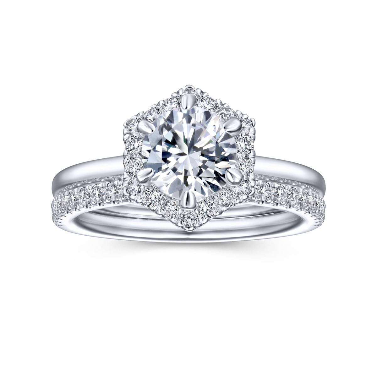 Hexagonal Halo Round Diamond Engagement Ring - View 3