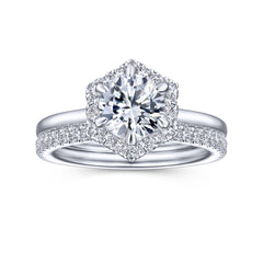 Hexagonal Halo Round Diamond Engagement Ring thumbnail 3