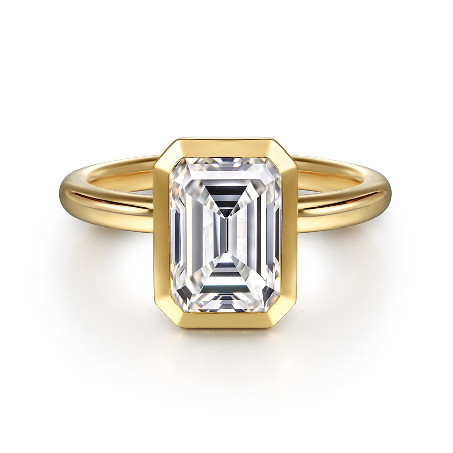 14K Yellow Gold Emerald Cut Bezel Set Diamond Engagement Ring