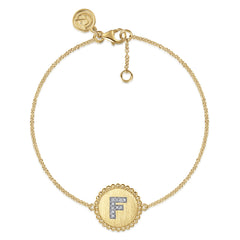 14K Yellow Gold Diamond Beaded Initial F Tennis Bracelet in Size 7inch W/Brush thumbnail 1
