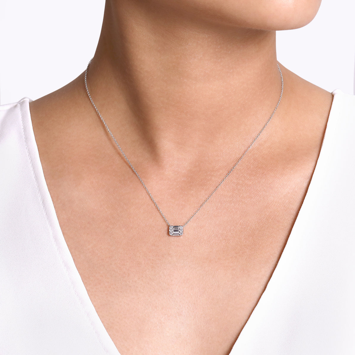 14K White Gold Baguette and Round Rectangular Diamond Pendant Necklace - View 3