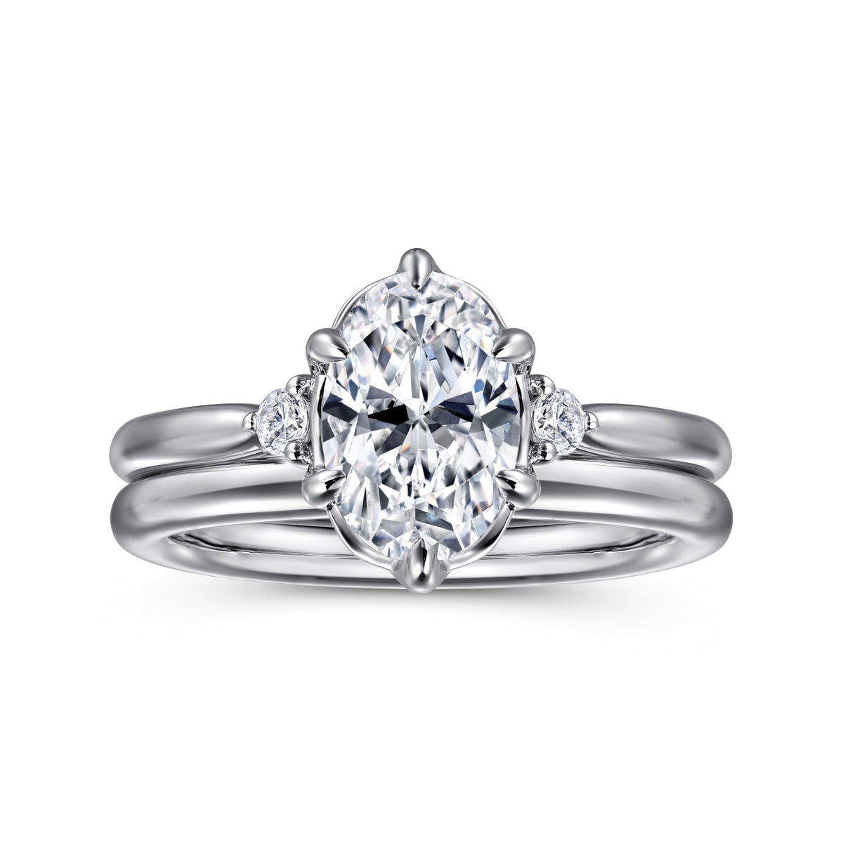 14K Gold 6 Prong Oval Three Stone Diamond Engagement Ring - View 4