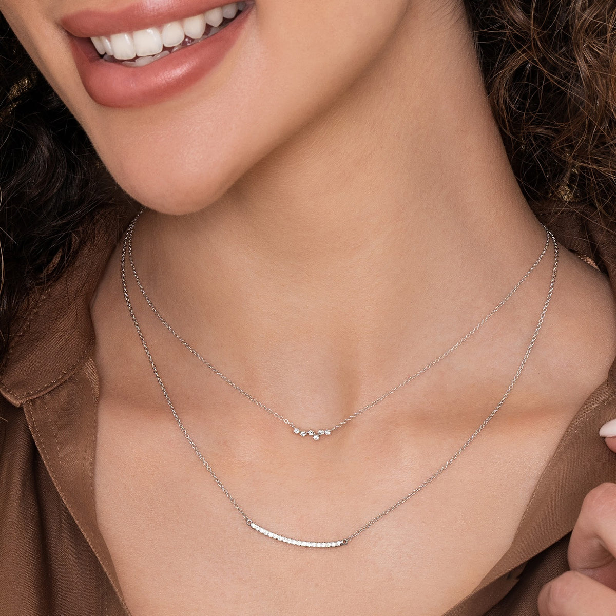 14K White Gold Diamond Pavé Curved Bar Necklace - View 4