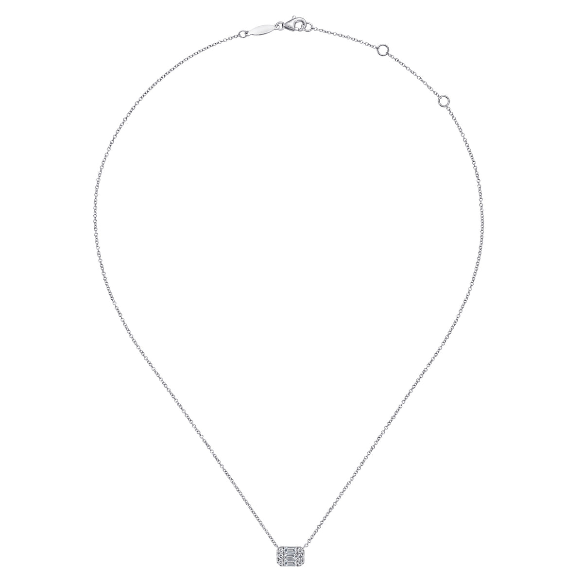 14K White Gold Baguette and Round Rectangular Diamond Pendant Necklace - View 2