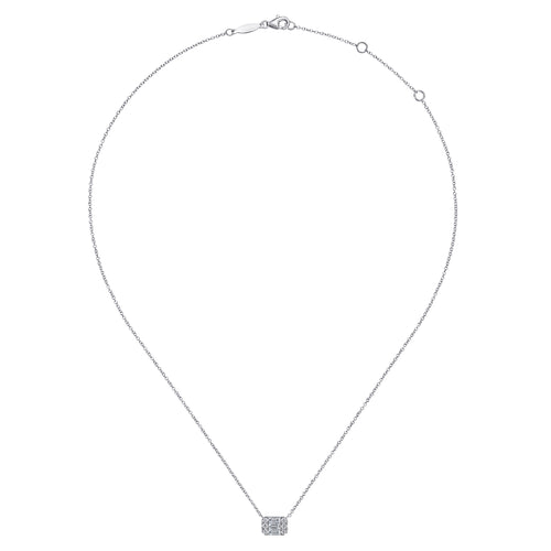 14K White Gold Baguette and Round Rectangular Diamond Pendant Necklace