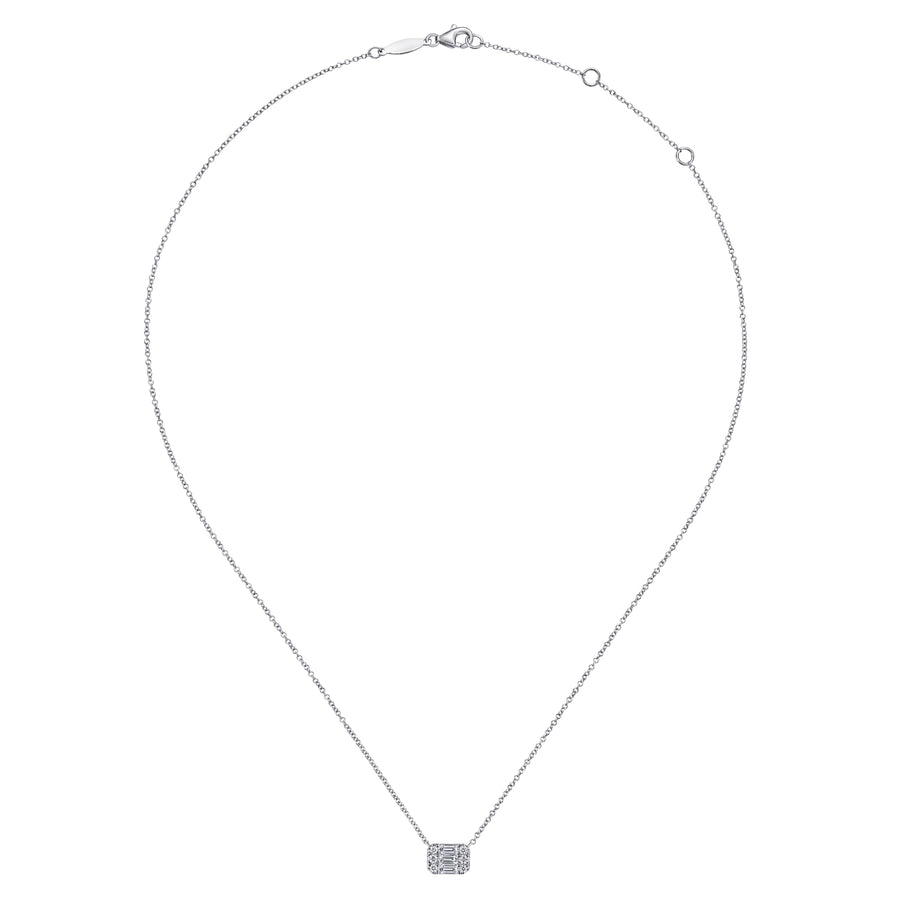 14K White Gold Baguette and Round Rectangular Diamond Pendant Necklace