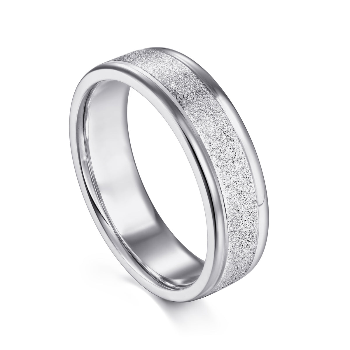 14K White Gold 6mm Men's Wedding Band in Sand Blast Finish - View 3