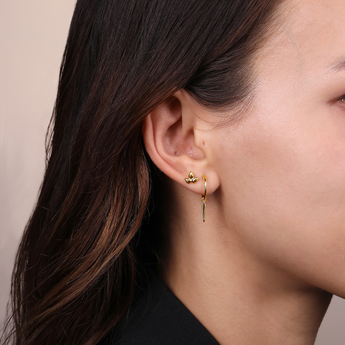 14K Yellow Gold Huggies with Spike Drop - View 3